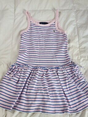 Ralph Lauren Girls Sun Dress Striped Pink Pony Ruffles Pockets Size 7